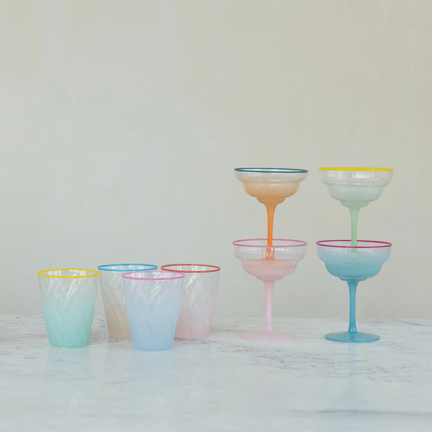 4 oz. Fluted Stemmed Coupe Glass with Colored Rim, Assorited Colors