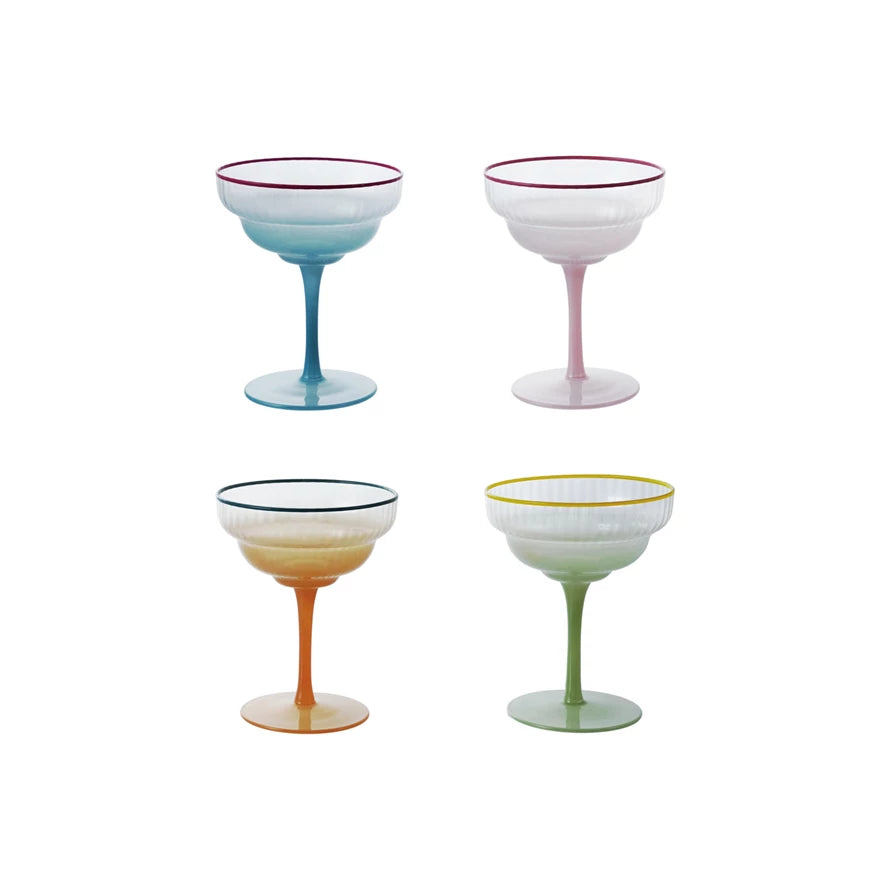 4 oz. Fluted Stemmed Coupe Glass with Colored Rim, Assorited Colors