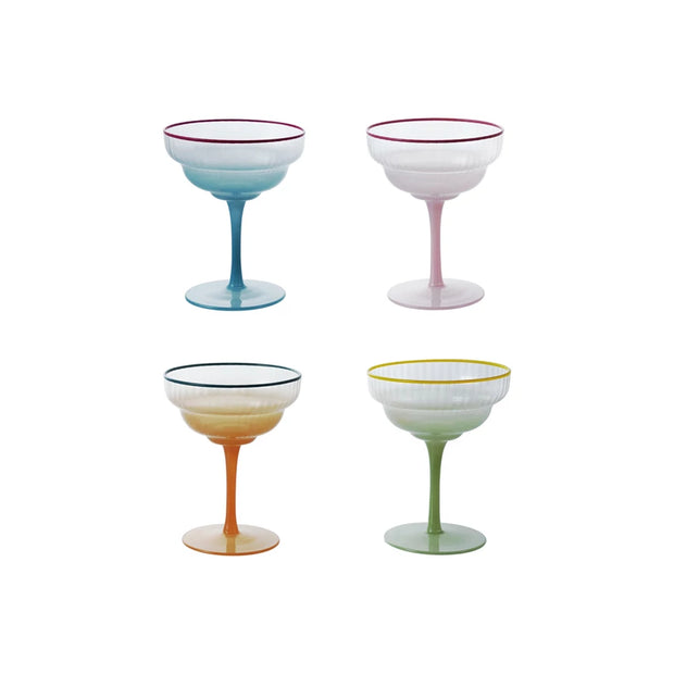 4 oz. Fluted Stemmed Coupe Glass with Colored Rim, Assorited Colors