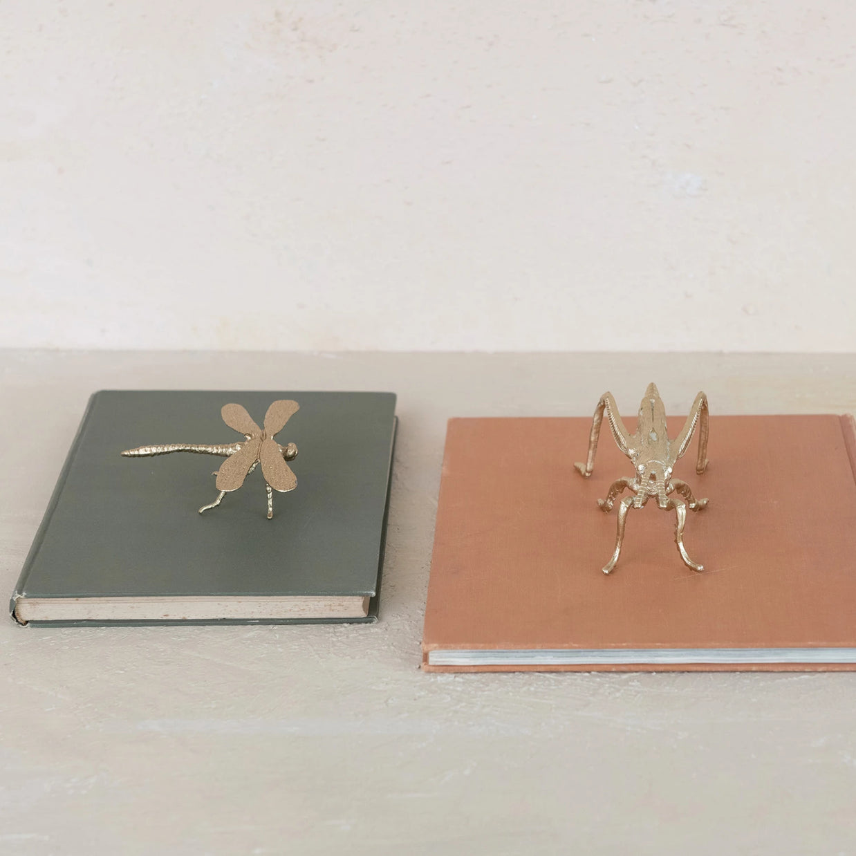 Two metallic insect bookends on top of books with a plain background
