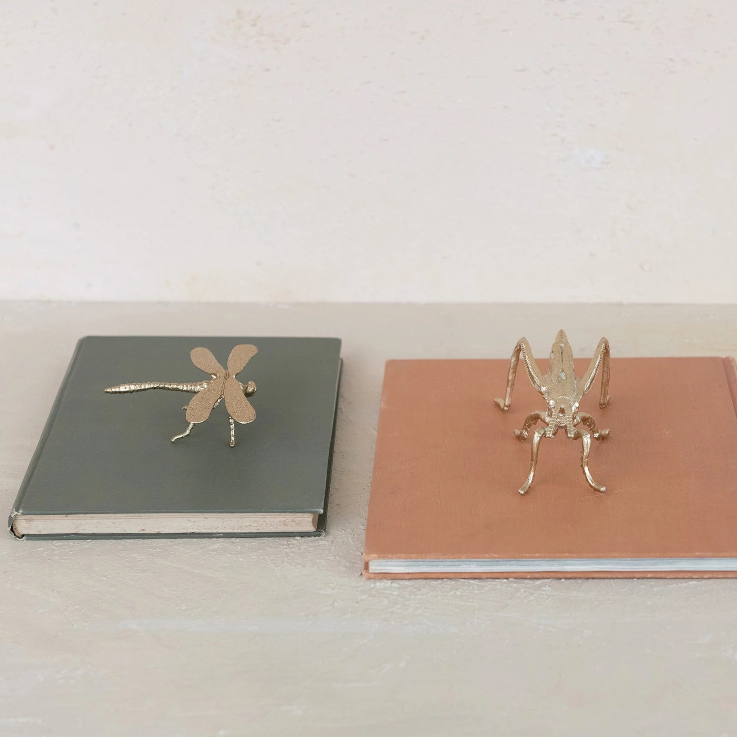 Two metallic insect bookends on top of books with a plain background