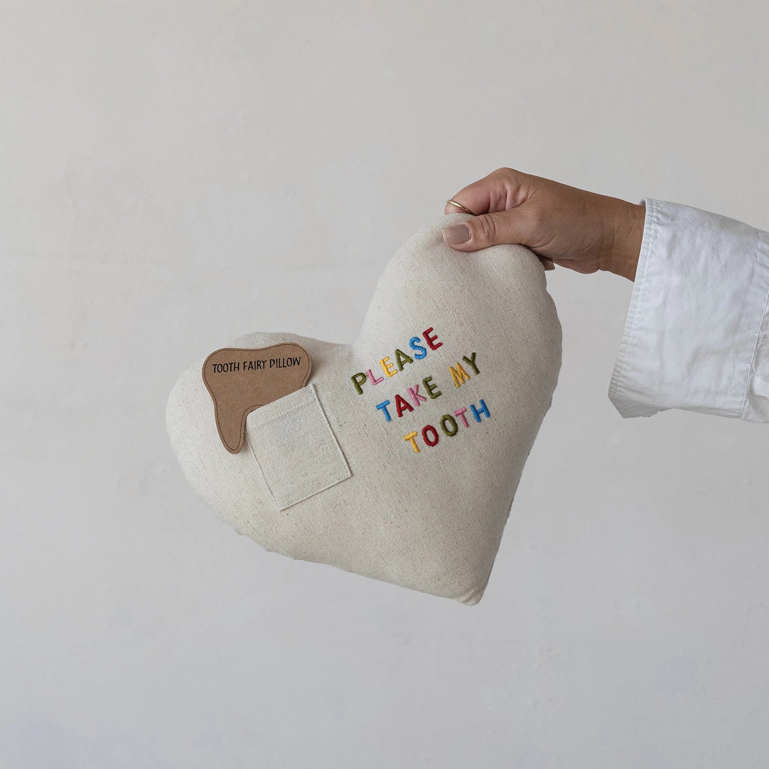 Cotton & Linen Tooth Fairy Pillow with Pocket & Embroidery 