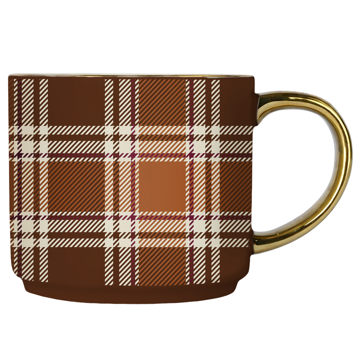 Mug with plaid pattern and gold handle on a white background