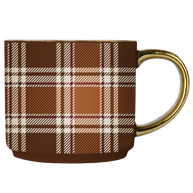 Mug with plaid pattern and gold handle on a white background