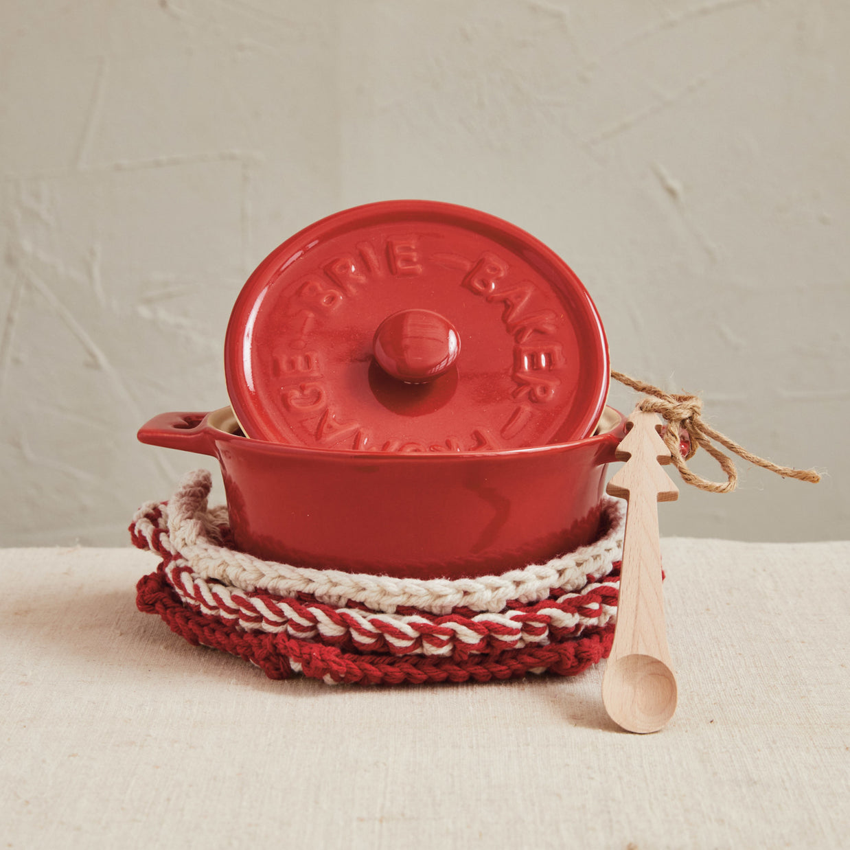 Red Stoneware Brie Baker with Bamboo Spreader