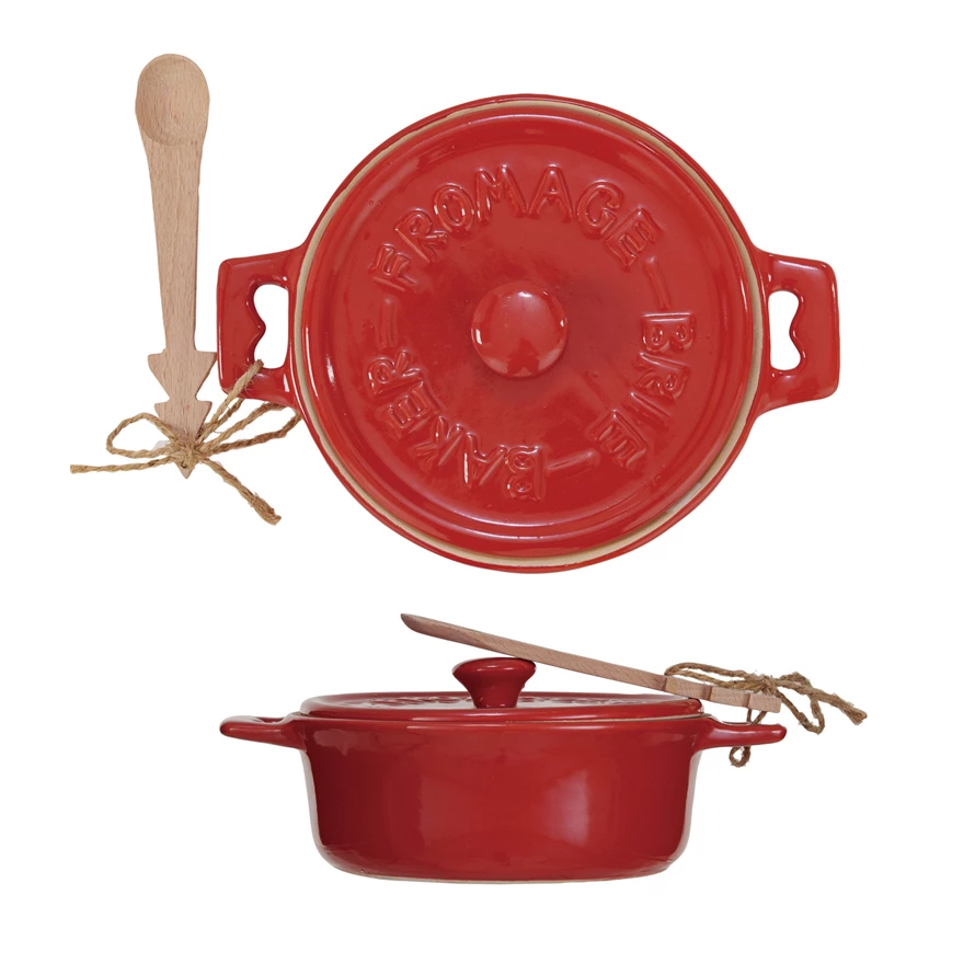Red Stoneware Brie Baker with Bamboo Spreader