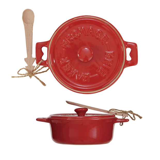 Red Stoneware Brie Baker with Bamboo Spreader