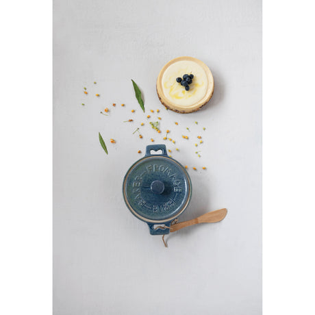 Blue Stoneware Brie Baker with Bamboo Spreader