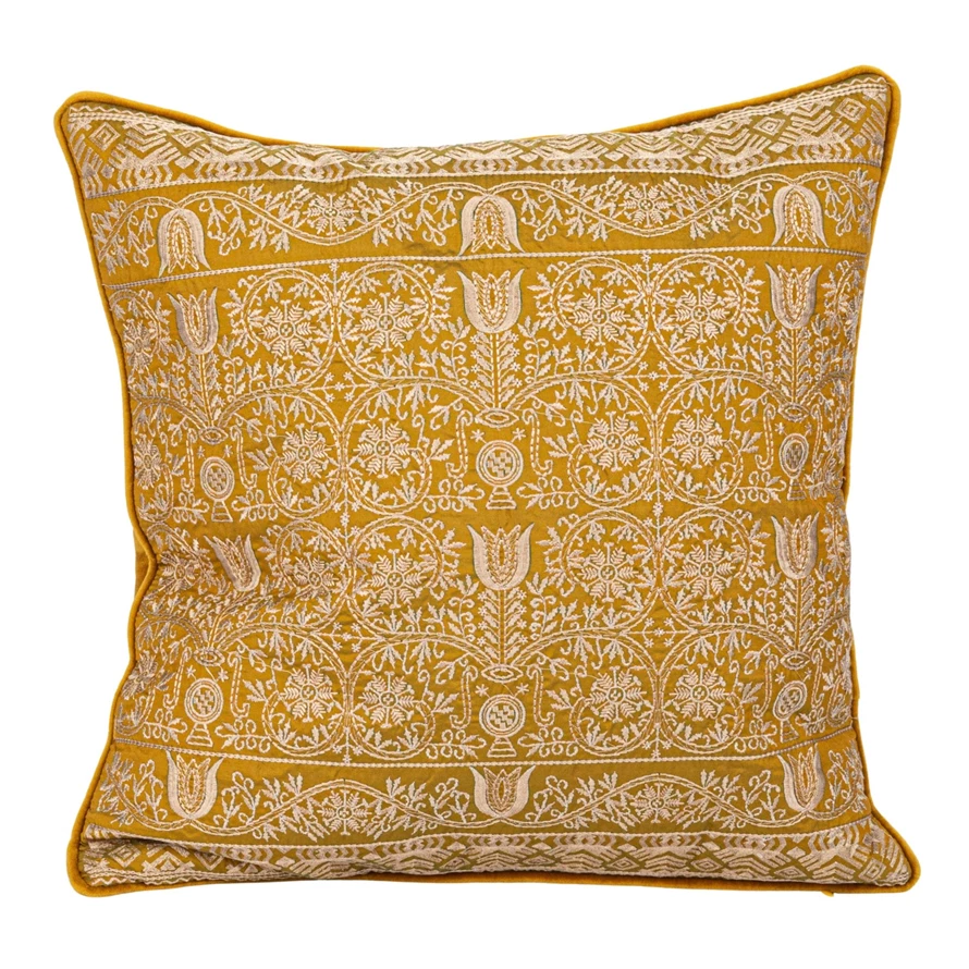 18" Square Cotton Velvet Embroidered Pillow